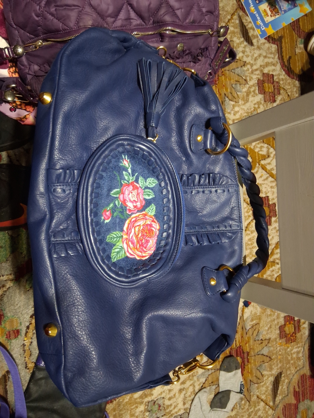 Fiore by Isabella Fiore Navy Leather Hobo Bag Rose Embroidery QVC Gold Hardware